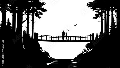 Vector silhouette of couple on suspension bridge in forest