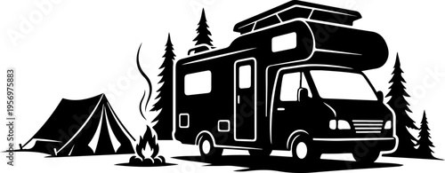 Vector illustration of RV camper and tent in camping scene