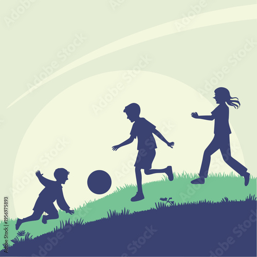 Children's soccer game: Silhouettes playing energetically with a big ball outdoors