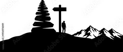 Hiking silhouette, mountain landscape, adventure icon, travel symbol