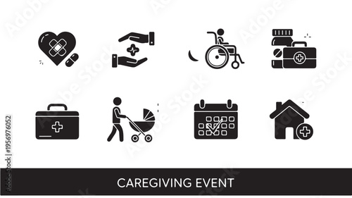 Caregiving Event Icons Set For Healthcare And Support Concepts
