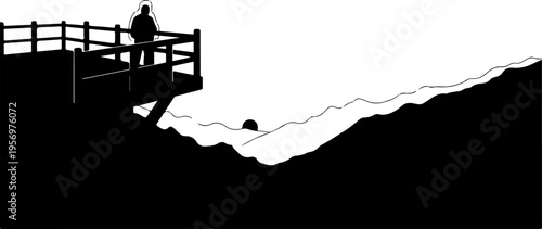Vector silhouette of man on mountain observation deck