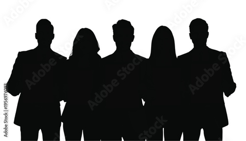 Row of five silhouetted business figures stand horizontally aligned presenting a formal group display.