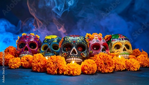 Day of the Dead Sugar Skulls and Marigolds.