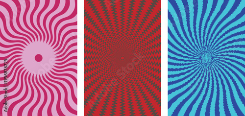A triptych of colorful radial patterns featuring wavy sunburst designs in pink red and blue hues
