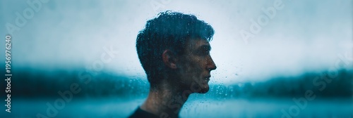 A contemplative young man looks out through a rain-speckled window into a blurred, moody blue landscape.