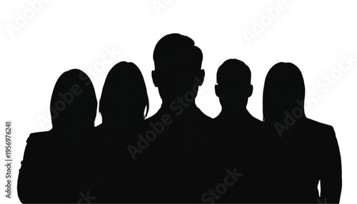 Group of five business people stand shoulder to shoulder showing unified team presence in dark silhouette.