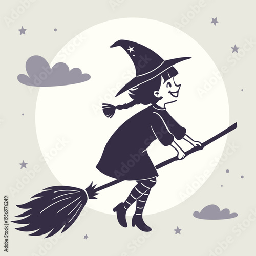 Nighttime witch: Silhouette flying on a broomstick with a backdrop of stars