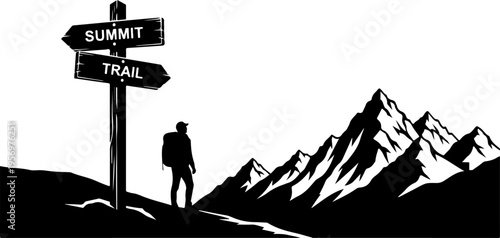 Hiking trail signpost vector, mountain summit icon, adventure travel symbol, black silhouette graphic