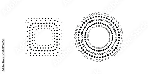 A minimalist graphic design featuring a square composed of dots and a circle made of nested rings