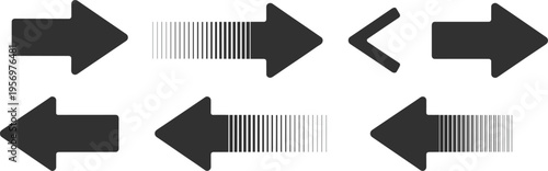 Six black arrows pointing in different directions with varying line patterns and a less than symbol in the middle