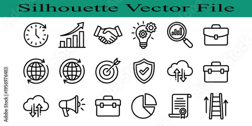 Collection of business and technology icons in silhouette style on white background