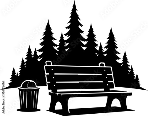 Vector illustration of park bench and trash can with pine trees