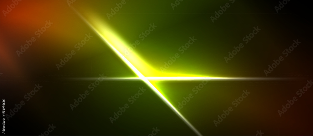 Naklejka premium Abstract light flare. Vivid green, orange hues dominate dark background. Diagonal beam creates bright focal point. Dramatic effect.