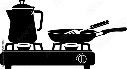 Black kitchen stove, cooking pot, pan, utensils vector icon set