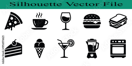 Food and drink icons in black silhouette on white background