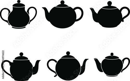 Six black tea kettles in different orientations and styles on a white background silhouette kitchenware