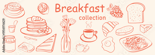 Trendy Breakfast Doodle Pack with Coffee Cups, Bakery Items and Healthy Meals. Vintage Inspired Line Art Sketch Collection. Vector Illustration for Menus