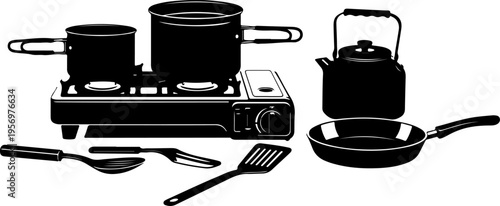 Kitchen Utensils, Cooking Pots, Pans, and Kettle, Black Silhouette, Vector Icons