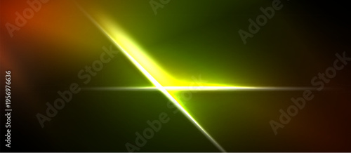 Abstract light flare. Vivid green, orange hues dominate dark background. Diagonal beam creates bright focal point. Dramatic effect.