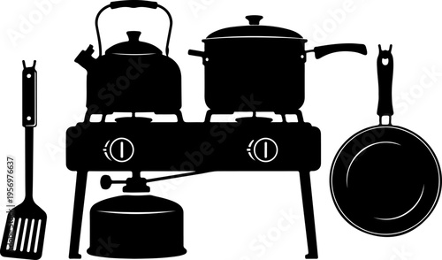 Black kitchen utensils, cooking pots, stove silhouette, camping cookware, outdoor cooking icons