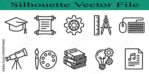 Set of various black line icons on white background for education and business  learning