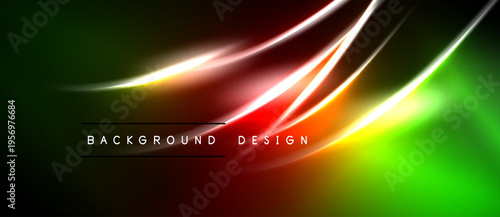Abstract neon light streaks. Vibrant green, red, yellow gradients create dynamic background. Modern design element.