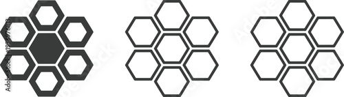 Three hexagonal patterns with one shaded hexagon in the center of the left pattern and all hexagons outlined in gray