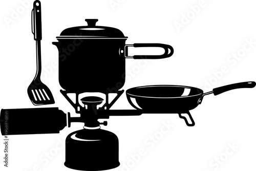 Camping cooking set, outdoor kitchen utensils, black silhouette icons, travel cooking equipment