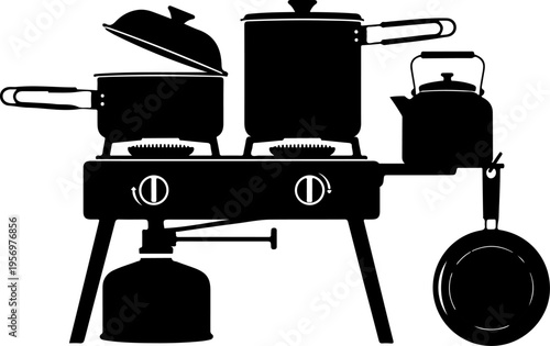 Black silhouette camping stove, cooking pot set, outdoor kitchen utensils, portable gas burner