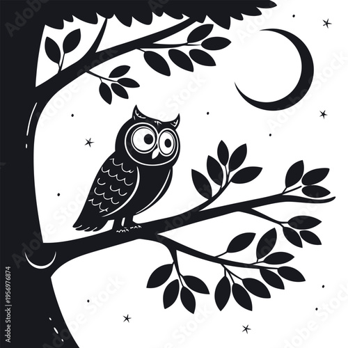 Elegant Owl Silhouette on a Tree Limb Against a Starry Night