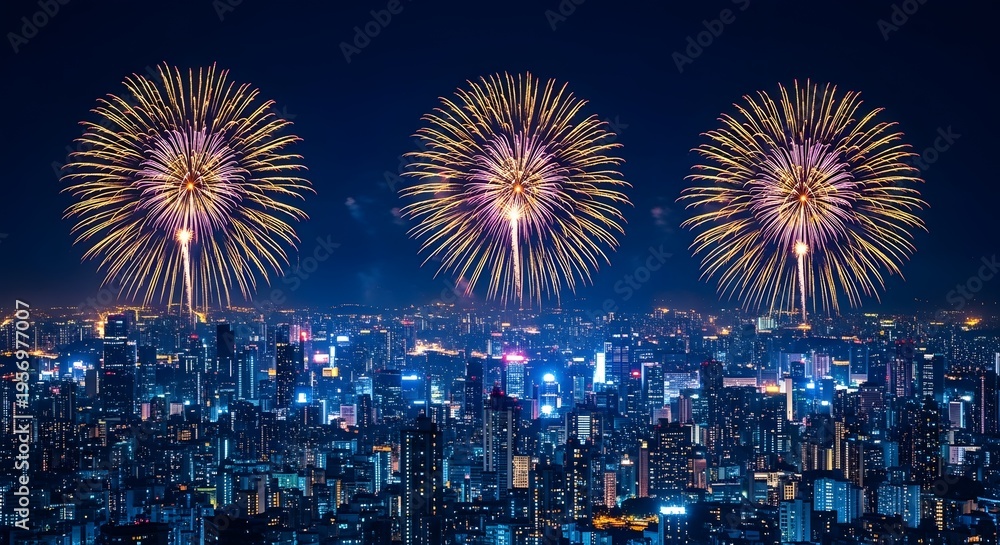 Fototapeta premium Vibrant fireworks display over cityscape at night