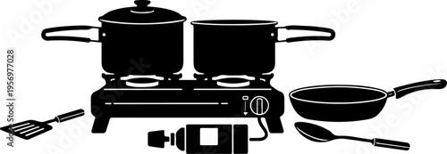 Black kitchen utensils, cookware set, pots, pans, stove, cooking icons, vector graphics