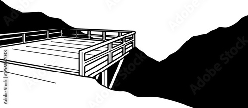 Vector illustration of a wooden bridge in snowy mountains