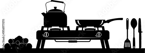 Black silhouette kitchen utensils, cooking pot, pan, stove, flat vector icons