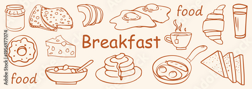 Whimsical Morning Food Doodles with European Café Style Breakfast Elements. Simple Sketch and Crayon Inspired Line Art Collection. Vector Illustration for Menu and Branding