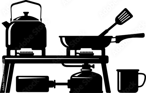 Black silhouette camping cooking set, outdoor kitchen utensils, portable stove, kettle and pan
