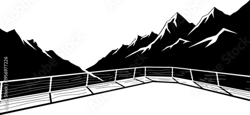 Vector mountain landscape with bridge and railing