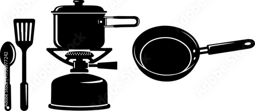 Cooking utensils and pots, kitchen tools, black icons, vector graphics, cooking equipment