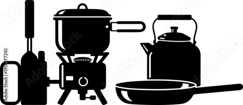 Black kitchen utensils, cooking icons, vector graphics, flat design
