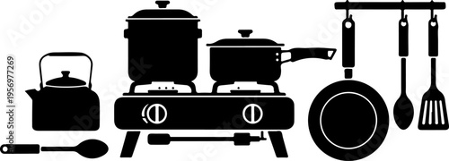 Black kitchen utensils, cooking pots, pans, stove icons, cooking tools set, vector graphics