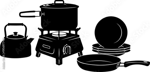 Black kitchen utensils, cookware set, frying pans, pot, kettle, stove