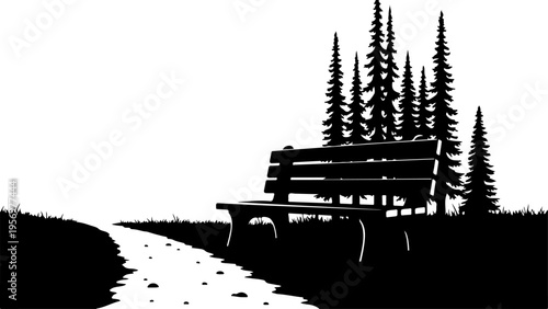 Vector silhouette of wooden bench in forest