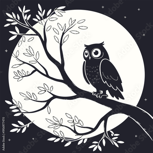 Serene Owl Silhouette on a Branch Under the Pale Moon