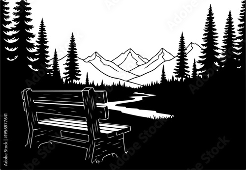 Vector illustration of a wooden bench in a forest with mountains