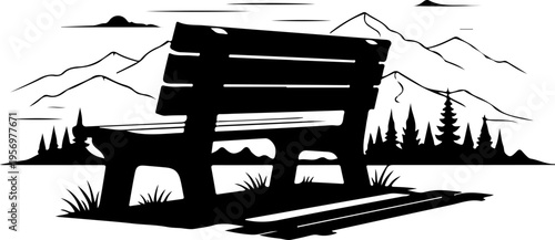 Vector black bench silhouette with mountain landscape