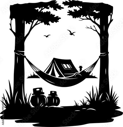 Vector camping scene with hammock and tent