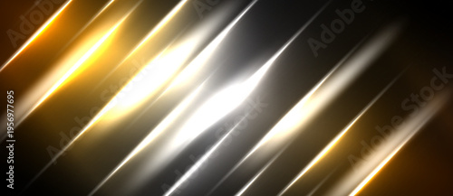 Abstract background features diagonal lines. Gold, silver, white hues create dynamic light effect. Modern design, sleek presentation.