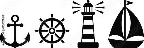 Black and white nautical including an anchor, ship wheel, lighthouse, and sailboat