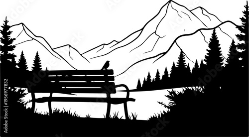 Black silhouette of person sitting on bench with mountain landscape vector